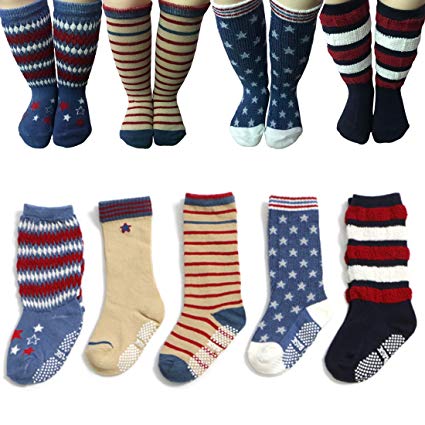 5 Pairs Baby Anti Slip Toddler Cotton Socks Walker Girl Infant Non Skid Slip Knit Knee High Cotton Long Socks Wih Grips for 1-3 Years