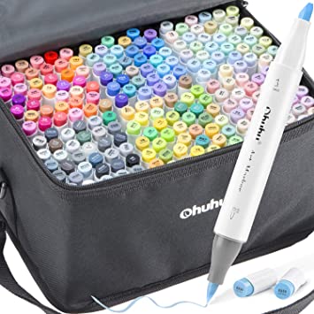 216-Color Alcohol Brush Markers Set, Ohuhu Grand Dual Tip- Brush & Chisel, Sketch Marker, Alcohol-based Art Markers, Comes w/ 1 Blender for Sketching, Adult Coloring, and Illustration-with Pastel Markers and Darker Color Marker- Professional Choice