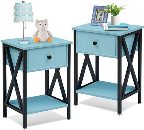 VECELO Night Stands for Bedroom Nightstand Bedside End Tables with Drawer Storage, Light Blue/Set of 2