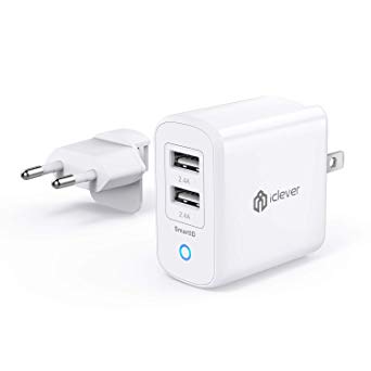 iClever BoostCube II  Travel USB Charger with US|EU Plug, 24W Dual Wall Charger with SmartID Tech for iPhone Xs/XS Max/XR/X/8/7/6/Plus, iPad Pro Air/Mini and More