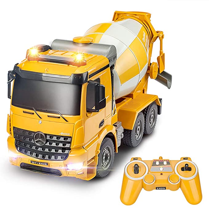 DOUBLE E Mercedes-Benz Licensed Remote Control Cement Mixer Truck 8 Channel RC Construction Vehicles Auto Dumping with Lights and Sounds