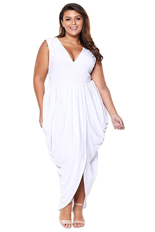 Womens White/Black Beach Cover up Maxi Length Plus Size Dress Deep V-Neck Tank Dresses