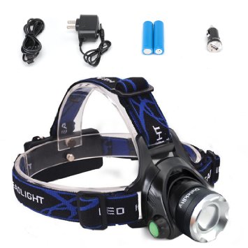 Diateklity Super Bright LED Headlamp Headlight Flashlight with Zoomable 3 Modes, XM-L CREE T6 LED 1000 Lumens, Hands-Free Headlight with Rechargeable Batteries for Biking Camping Hunting Running Rainy