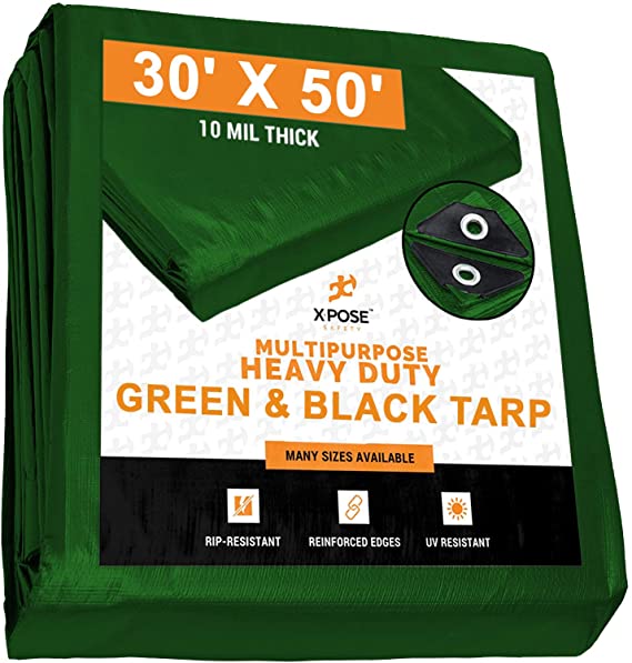 Heavy Duty Poly Tarp 30 Feet x 50 Feet 10 Mil Thick Waterproof, UV Blocking Protective Cover - Reversible Green and Black - Laminated Coating - Grommets - by Xpose Safety