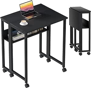 GreenForest Folding Desk Small Rolling Desk with Storage Shelf,31.5 inch Foldable Computer Desk with Wheels for Small Space,Easy Assembly,Black