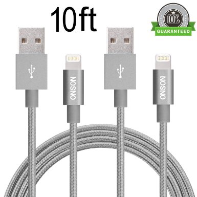 ONSON iPhone Cable,2Pack 10ft Nylon Braided Apple Lightning Cable USB Cord Charging Cable for iPhone 6/6 Plus/6s/6s Plus,iPhone 5 5c 5s,iPad 4 Mini Air(Gray)