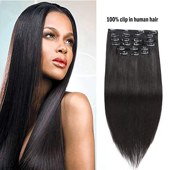 Showjarlly Full Head Clip in Human Hair Extensions 10pieces/set Natural Black Straight Clip in Human Hair Silk Remy Clip In Real Human Hair Extensions (#1B,24inch-240g)