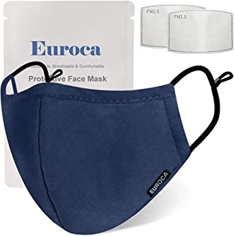 Euroca Cloth Face Masks 4 Layer Washable Reusable Breathable Adjustable with Filter Pocket for Adults-2 Filters included