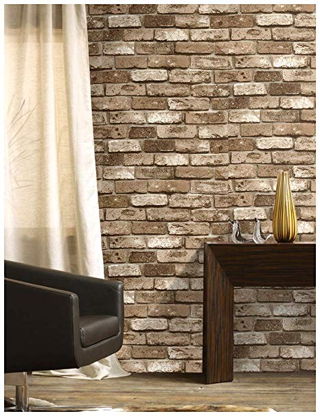 HaokHome 69091 Vinyl Retro Vintage Faux Brick Wallpaper Lt.Brown for Home Kitchen Realistic Wall Decoration Wall Paper 20.8" x 393.7"