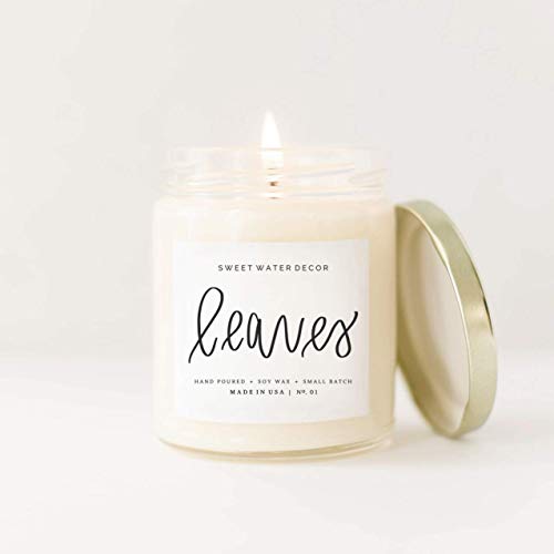 Leaves Natural Soy Wax Candle Glass Jar Scented Apples Orange Cinnamon Cloves White Musk Nectar Made in USA Lead Free Cotton Wick Modern Rustic Decor Bathroom Accessories Fall Home Decor Autumn Season