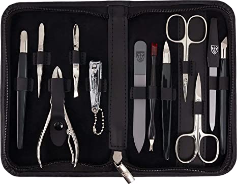 3 Swords Germany - brand quality 12 piece manicure pedicure grooming kit set for professional finger & toe nail care scissors clipper genuine leather case in gift box, Made in Solingen Germany (5100)