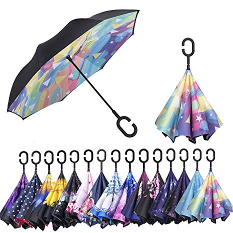 AmaGo Windproof Inverted Umbrella – UV Protection Double Layer Reverse Folding Long Self Standing Umbrella with C-Shape Handle for Car Rain Outdoor Travel(Multicolour)