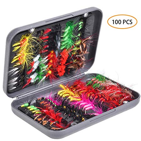 FOCUSER Flies for Fly Fishing, 100 pcs, Dry/Wet Fly Fishing Lures, Fly Fishing Gear for Bass, Trout, Salmon with Storage Organizer Box, Fly Boxes, Lure Boxes, Planet Box, Gifts, Accessories