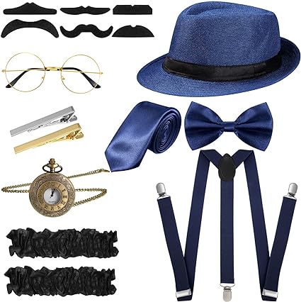 SATINIOR 1920s Roaring Retro Men Costume Accessories Set Gangster Hat Bow Tie Pocket Watch Suspender Glass Beard Tie Clip