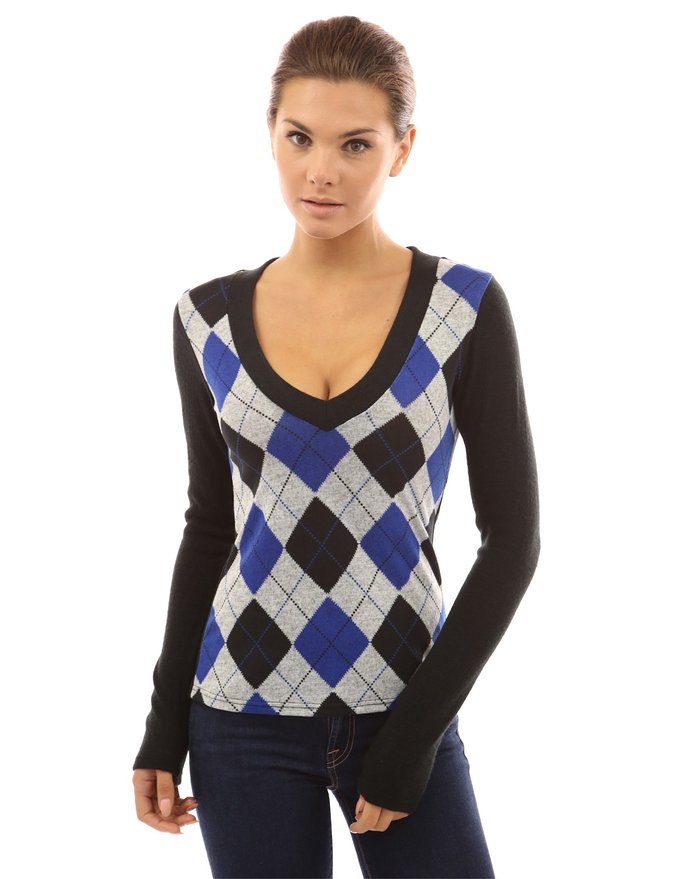 PattyBoutik Women's Smart V Neck Checkers Long Sleeve Knit Top