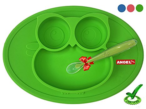 Owl Silicone Placemat – Spill Proof Suction Plate for Kids by Angel Home (Green)