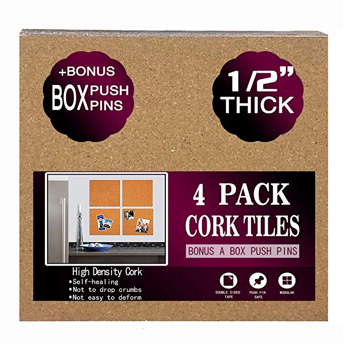 Cork Board Tiles 12"x12" - 1/2" Thick - a Box Bonus Push Pins - Ultra Strong Self Adhesive Backing - 4 Pack Cork Tiles - Bulletin Board - Mini Wall (4pack)