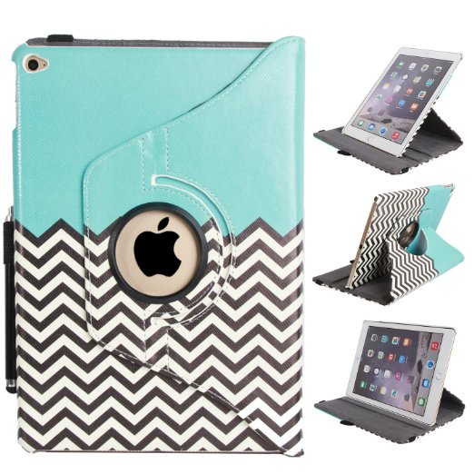 iPad Air 2, iPad Air 2 Case - E LV iPad Air 2 Case Cover SHOCK ABSORPTION (ROTATING STAND) Full Body Hybrid Protection PU LEATHER Case Cover for APPLE iPad Air 2 with 1 Stylus and 1 Screen Protector - ZIGZAG