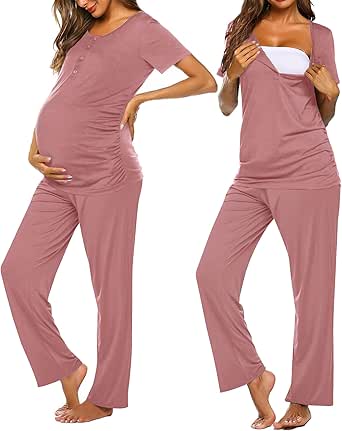 Ekouaer Women's Maternity Nursing Pajamas Sets Breastfeeding Printed Sleepwear Short Sleeve 2 Pcs Henley Top and Pants Set