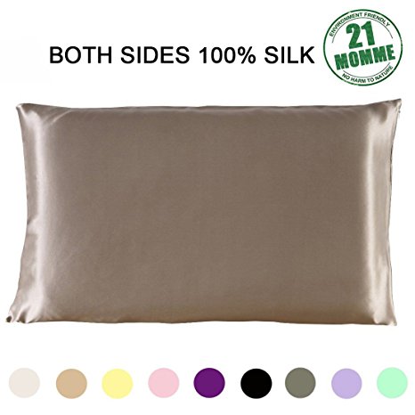 Mulberry Silk Pillowcase Standard Size 21 Momme 600 Thread Count Hypoallergenic Both Sides 100% Silk Pillow Case for Hair and Skin Zippered, Taupe