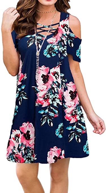 Bluetime Women Summer Cold Shoulder Criss Cross Neckline Short Sleeve Casual Tunic Top Dress (S-3XL)