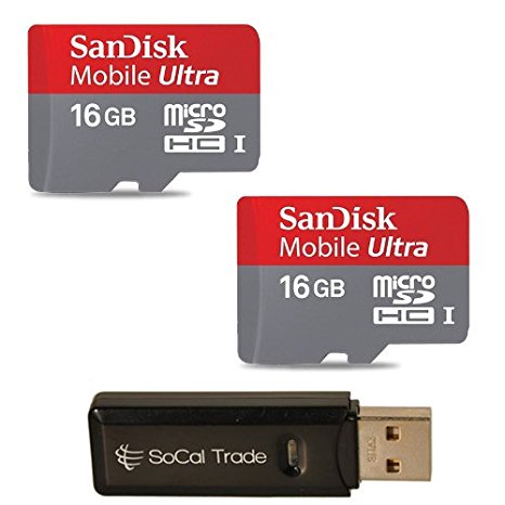 Sandisk 32GB (16GB x2) MicroSD HC Ultra UHS-1 Memory Card, Class 10 with SoCal Trade (tm) MicroSD HC XC & SD HC XC Dual Slot Card Reader