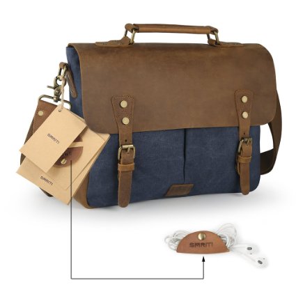 Smriti Vintage Real Leather Canvas Messenger Bag 14-inch Laptop Briefcase - Blue