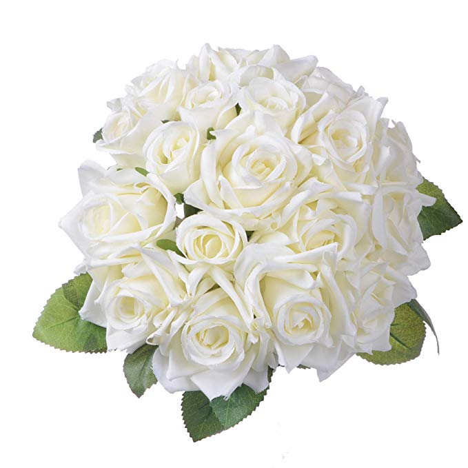 Artiflr Artificial Flowers Rose Bouquet 2 Pack Fake Flowers Silk Plastic Artificial White Roses 18 Heads Bridal Wedding Bouquet for Home Garden Party Wedding Decoration (White)