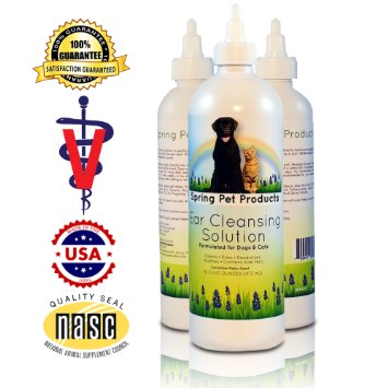 Spring Pet Ear Cleaner for Dogs and Cats ~ Cleans, Dries and Acidifies Your Pet's Ears with Soothing Aloe Vera and Vitamins ~ Pleasant Scent ~ Gentle and Safe Enough to Use Every Day As Needed As Well As After Bathing or Swimming ~ Removes Dirt and Debris From Ear Mite Infestation ~ Recommended By Veterinarians