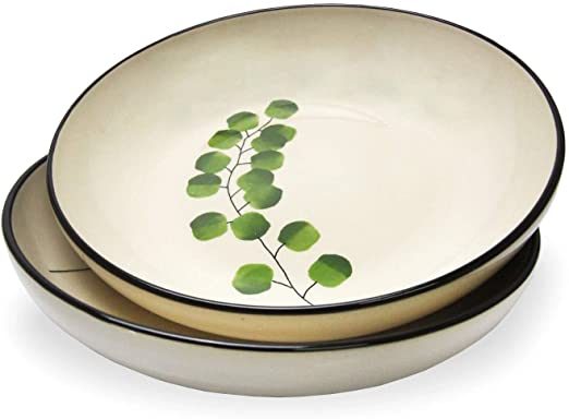 RoRo Leaf Motif Handmade Ceramic Stoneware Dinner Plate, 11 Inch Set of 2 (Pasta Bowl x 2, Eucalyptus)