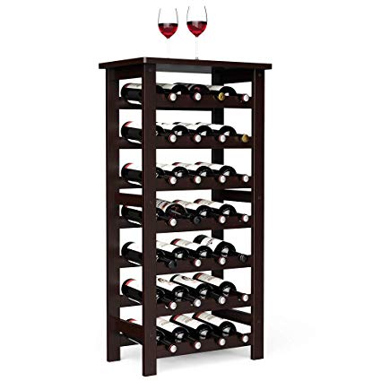 LANGRIA 28-Bottle Wine Rack Made of Natural Bamboo Wood with Table Top 7-Tier Free Standing Storage Shelves Wobble-Free Espresso Color for Kitchen Bar Dining or Living Room