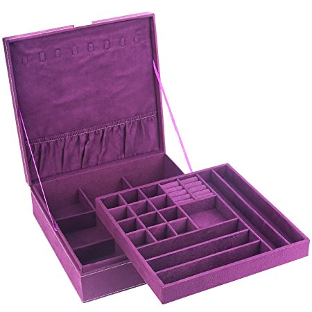 Mantello Two-Layer Lint Jewelry Box Storage Holder Organizer with Lock, Purple
