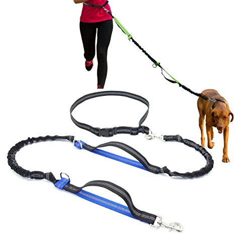 AMZNOVA Hands Free Dog Leash Long Elastic Training Leashes Leads with Dual Bungees, Adjustable Waist Belt for Medium Large Dogs