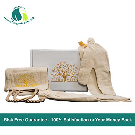 2 Garshana Gloves For Ayurvedic Dry Massage - Includes Bonus Exfoliating Back Scrubber Sheet | 100% Raw Silk Gloves | Eliminate Cellulite, Increase Blood Circulation, Remove Dead Cells & Reduce Stress