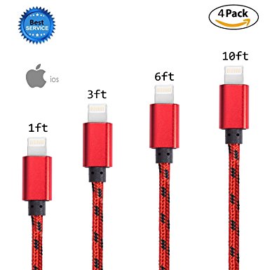 GOPROOF 4Pack for 1FT 3FT 6FT 10 FT Nylon Lightning Cable USB Syncing and Charging Cable Cord Charger for iPhone 7,7 Plus,6S,6 Plus,SE,5S,5,iPad,iPod Nano 7(each 1pcs) (red black)