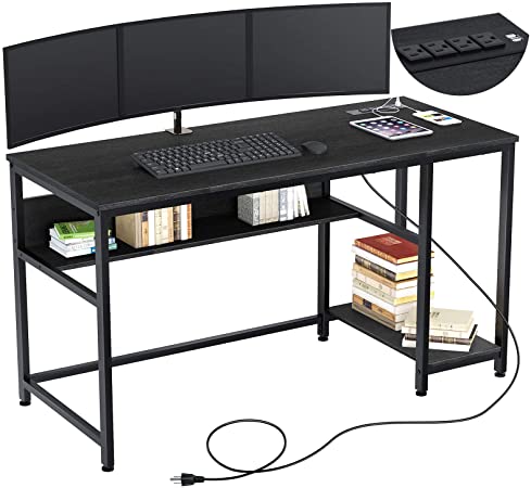 Rolanstar Computer Desk with Power Outlets, 47"/55" Office Desk with 2 Storage Shelves with Corner Protectors, Study Table, Workstation,Business Style, Stable Metal Frame, RTB00D-BL140-1