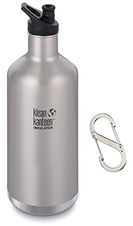 Klean Kanteen 64 oz Classic Insulated Stainless Steel Water Bottle with Sport Cap 3.0 in Black - Brushed Classic Insulated Stainless Plus #4 S-Biner Stainless Carabiner