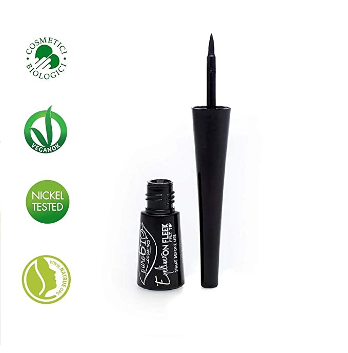 PuroBIO Certified Organic Long-Lasting Black Liquid Eyeliner - BRUSH TIP - with Argan Oil, Sage Extract and Vitamin E. ORGANIC. VEGAN. NICKEL TESTED. MADE IN ITALY