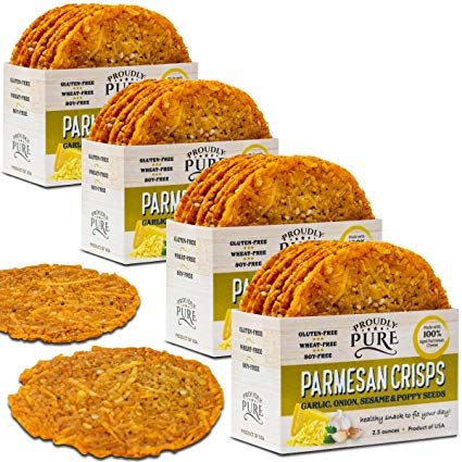 Proudly Pure Parmesan Cheese Crisps {10oz 4 Pk} Keto Friendly Low Carb Snacks, Healthy Diet Food Crackers 100% Natural Aged Cheesy Parm Chips Crunchy Gluten/Wheat & Soy-Free, Onion/Poppy/Garlic