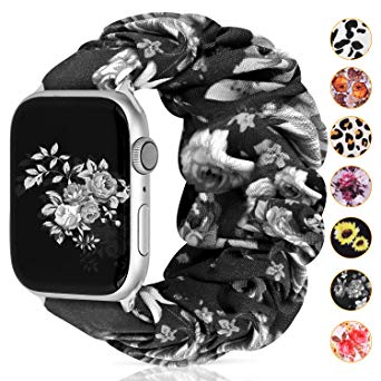 Moretek Scrunchie Bands Compatible with Apple Watch Band 38mm 40mm 42mm,Soft Pattern Printed Fabric Sport Replacement Wristbands for Women with iWatch Series 4 5 Series 3/2/1 (G-Black Rose, 38/40mm)
