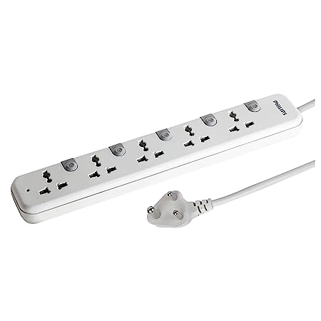 Philips CHP3451W Power Strips with 5 Universal Socket, Individual Control Switch, with Over Current Protection 1.4m Cable Length (White)