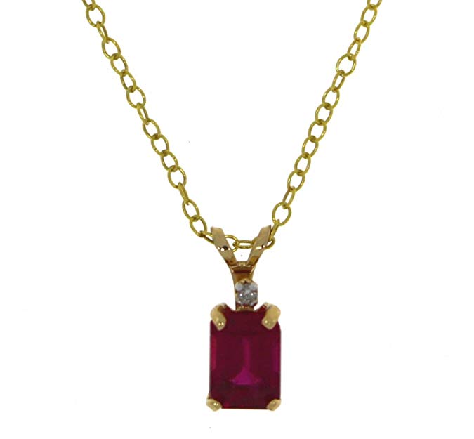 Classic 1 Carat Emerald Shaped Natural Ruby with 0.01 Ctw Solitaire Diamond Necklace In 14K Yellow Gold