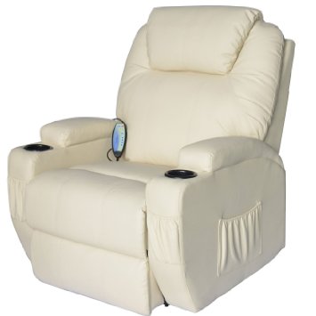 HomCom Deluxe Heated Vibrating PU Leather Massage Recliner Chair - Cream