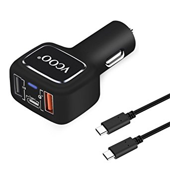 USB Type C Car Charger, Quick Charge 3.0, 3 Ports Fast Qualcomm QC 3.0   Type-C for iPhone 6/6S/7 Plus, iPad, Samsung Galaxy S6/S7 Edge, Google Nexus 5X/6P, LG V20 G5, HTC 10 with USB C to USB C Cable