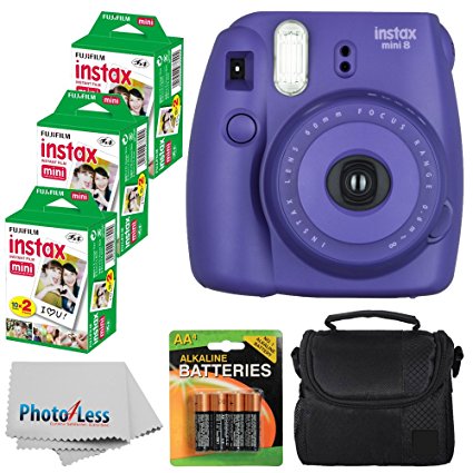 Fujifilm Instax Mini 8 Instant Film Camera (Grape) With Fujifilm Instax Mini 6 Pack Instant Film (60 Shots)   Compact Bag Case   Batteries Top Kit - International Version (No Warranty)