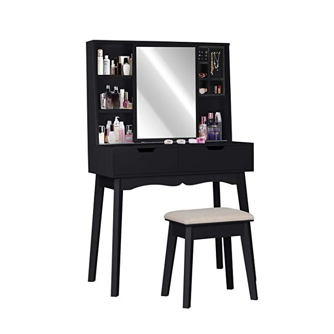 Vanity Table Set with Mirror and Makeup Organizer Dressing Table,2 Large Drawers with Sliding Rails,Storage Shelves,Jewelry Box,Cushioned Stool,Makeup Vanity Desk