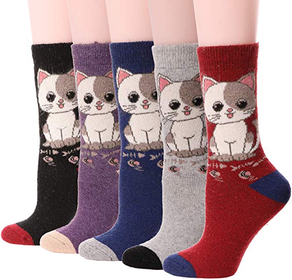 Womens Wool Socks Fuzzy Thick Heavy Thermal Winter Warm Cute Crew Socks For Cold Weather 5 Pack