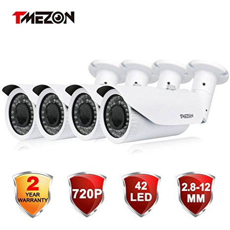 TMEZON 4 Pack HD-CVI 1.0MP Dome Security Camera 720P Outdoor 42 IR LEDs Day Night 2.8-12MM Zoom Lens Wide Angle View Video Surveillance