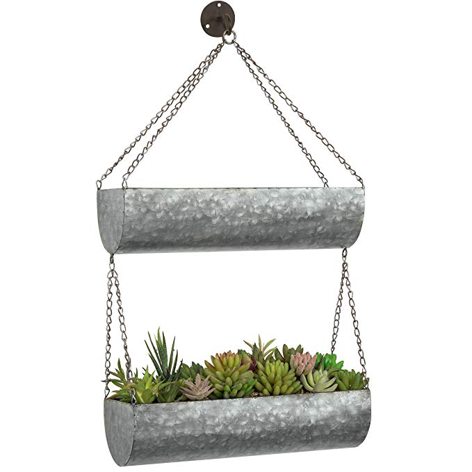 MyGift 2-Tier Galvanized Iron Hanging Planter Rack with Chain and Hook