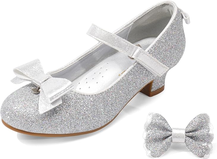 DREAM PAIRS Girls Low Heel Dress Shoes Interchangeable Bow Glitter Wedding Party Mary Jane Shoes Toddler/Little Kid
